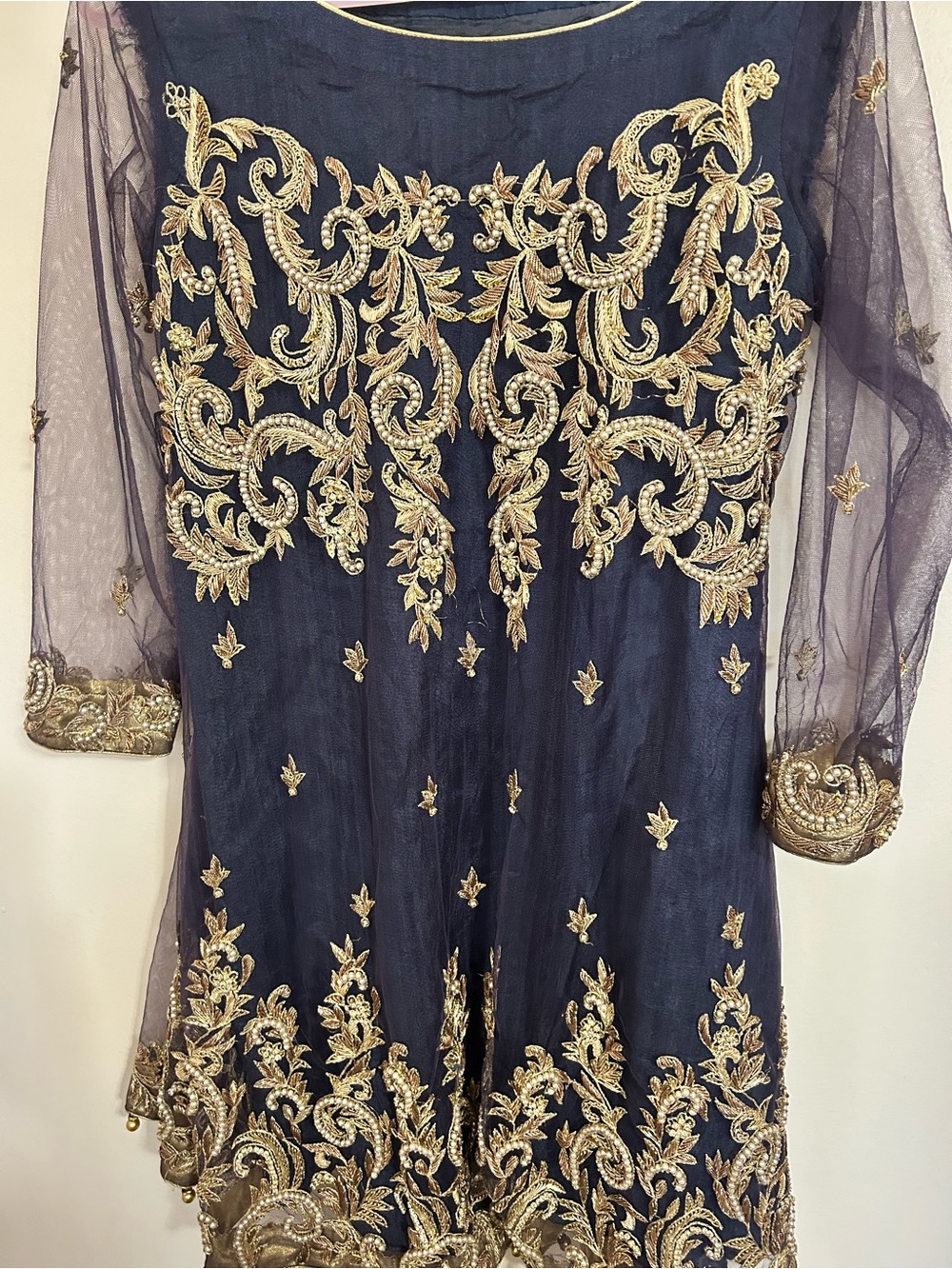 Navy Mesh Dress with Gold Embroidery